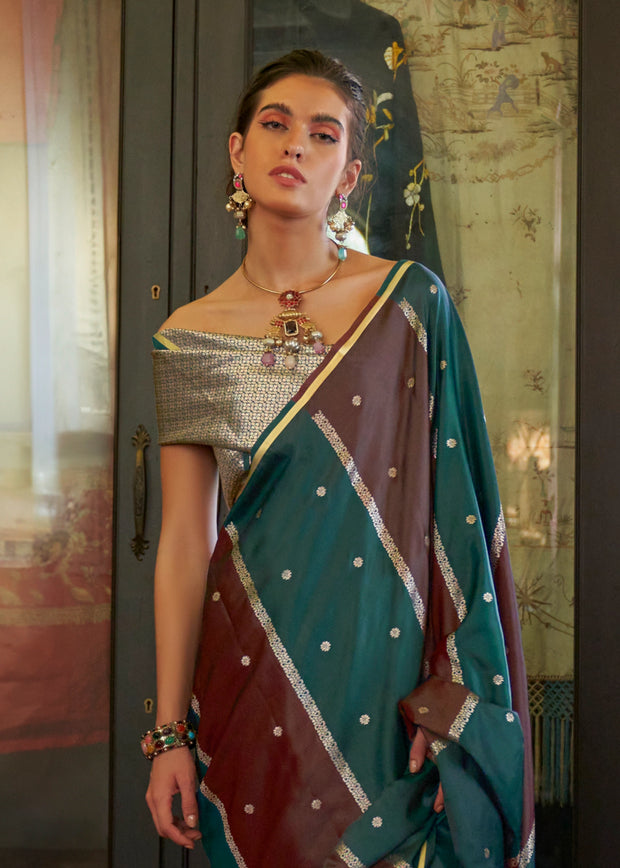 Maroon And Green Rangkat Satin Silk Saree