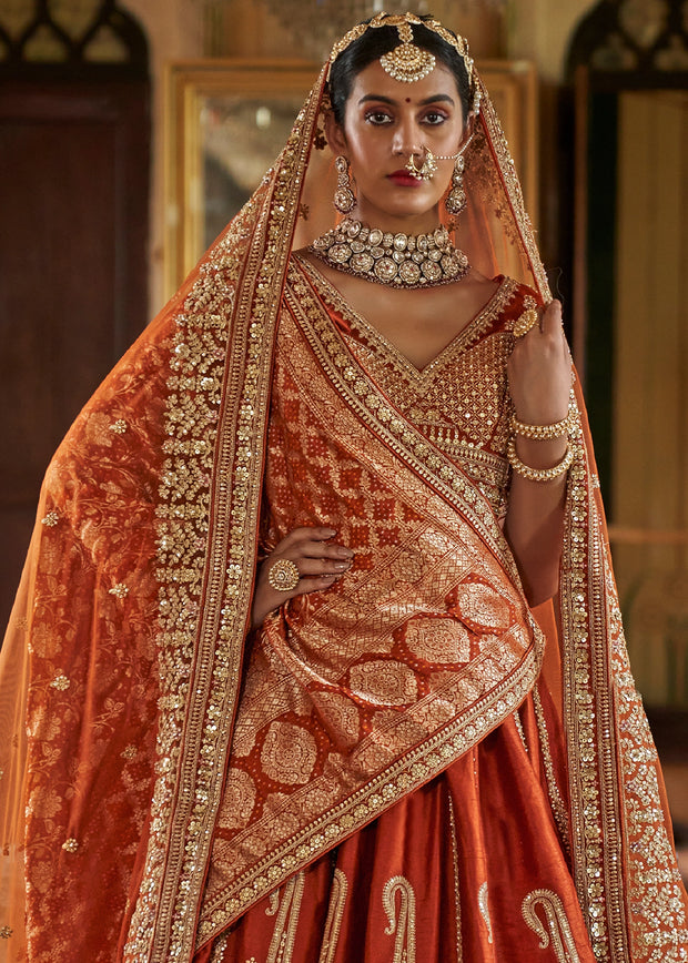 Rust Orange Heavy Embroidered Designer Lehenga