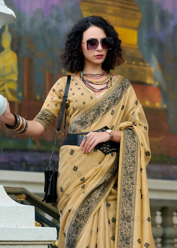 Dusky Yellow Woven Tissue Linen Silk Saree