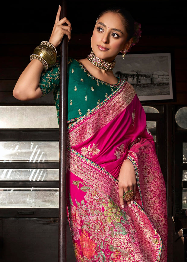 “Exclusive Offer” : Princess Pink Woven Embroidered Banarasi Silk Saree