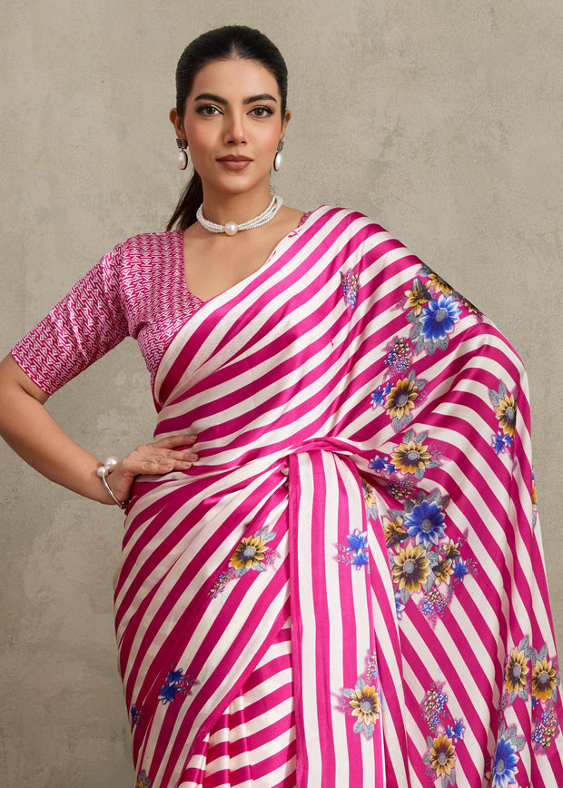 Blush Pink Printed Satin Silk Saree