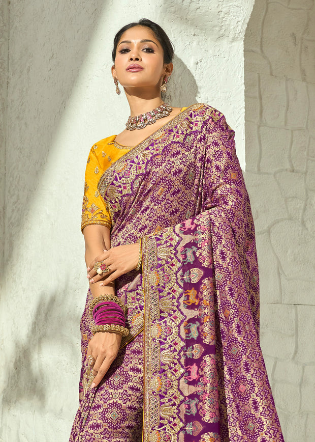 Wine Purple Embroidered Georgette Bandhej Saree