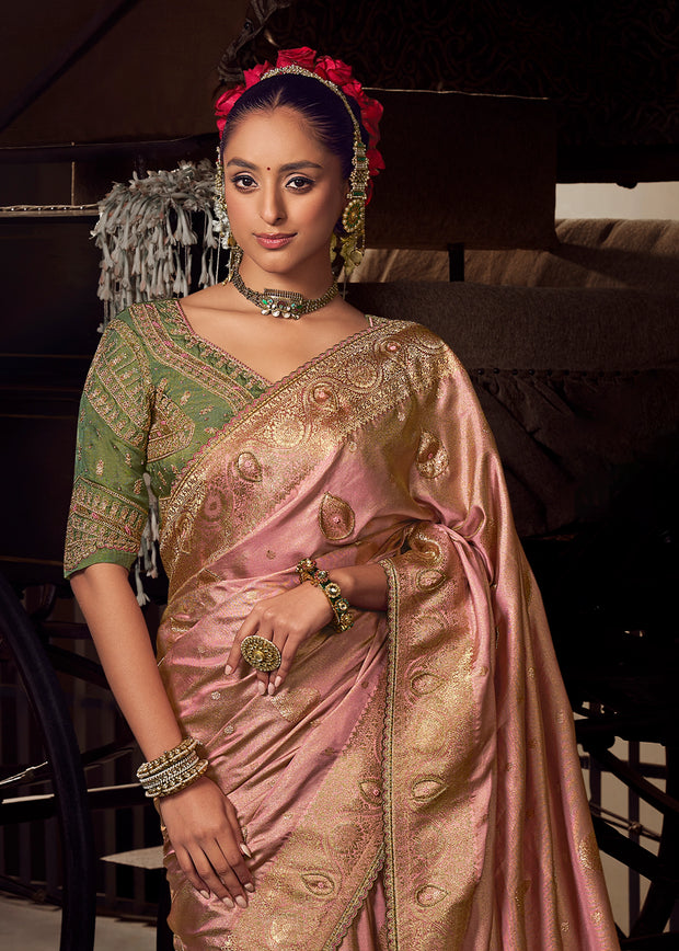 “Exclusive Offer” : Polignac Pink Woven Banarasi Satin Silk Saree