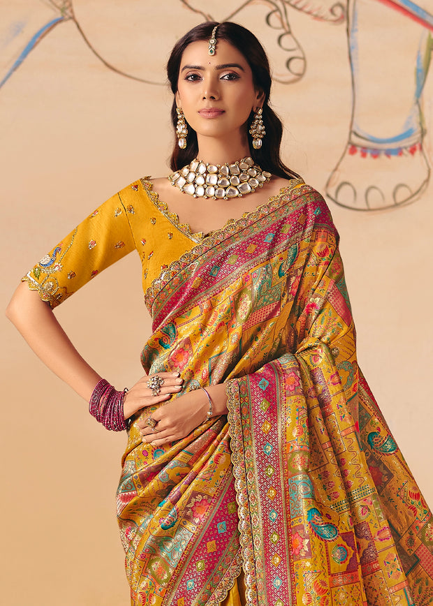 Dusky Yellow Designer Embroidered Saree