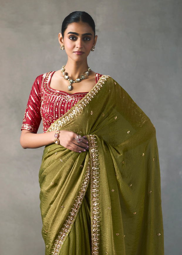 Olive Green Embroidered Silk Saree With Heavy Blouese