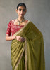 Olive Green Embroidered Silk Saree With Heavy Blouese