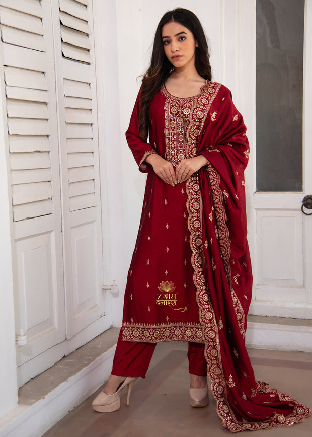 Deep Maroon Embroidered Silk Suit set (10702862385345)