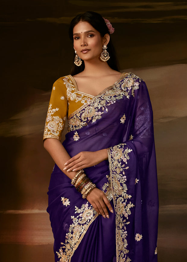 Grape Violet Embroidered Designer Organza Saree
