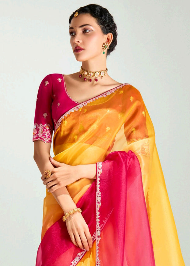 Yellow Red Ombre Tissue Designer Tissue Saree With Embroidered Blouse