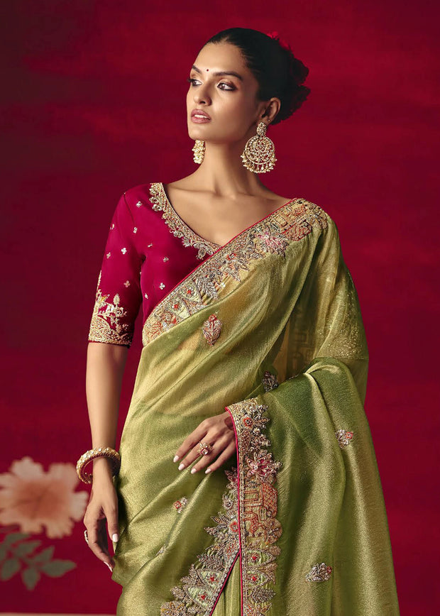 Pastel Green Designer Embroidered Saree