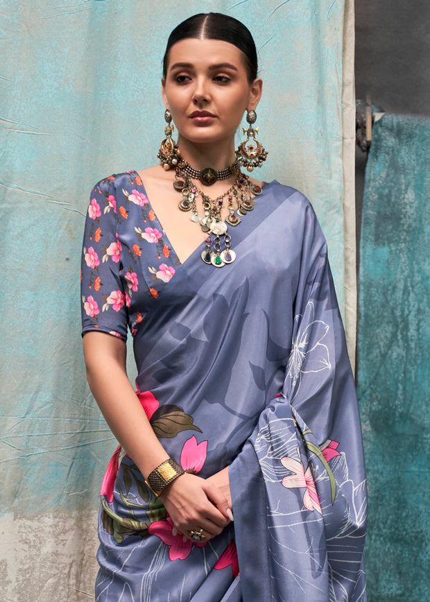 Cloud Blue Satin Crepe Printed Silk Saree