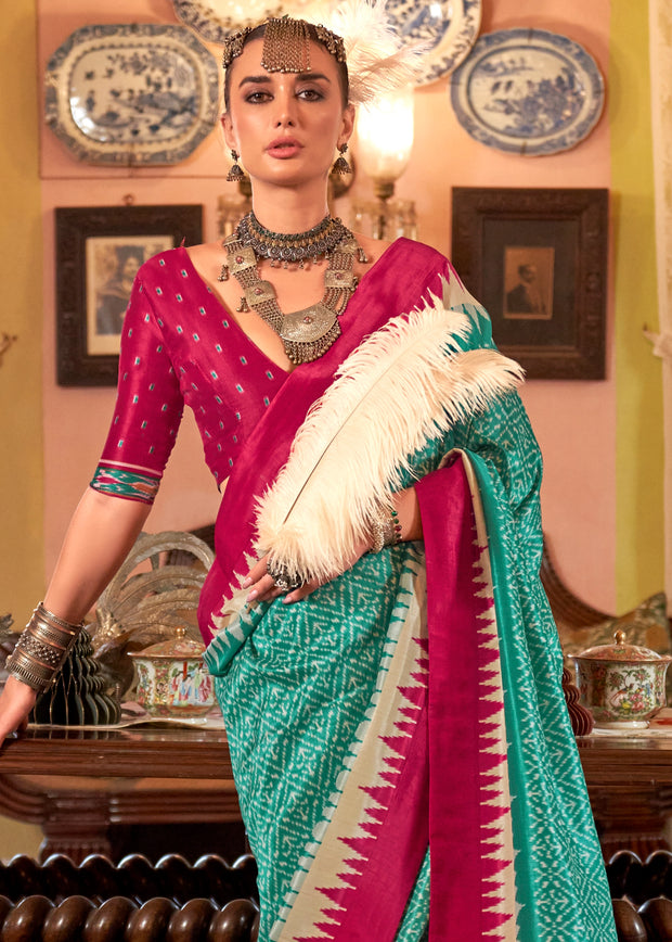 Turqoise Blue Printed Patola Silk Saree