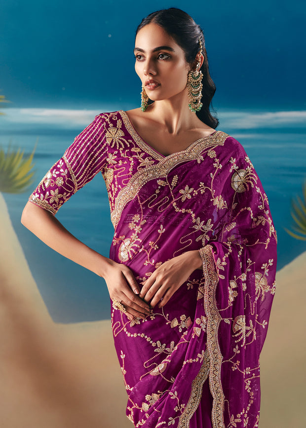 Magenta Pink Satin Organza Embroidered Saree