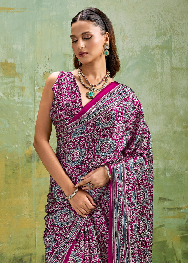 Plum Purple Printed Satin Silk Saree