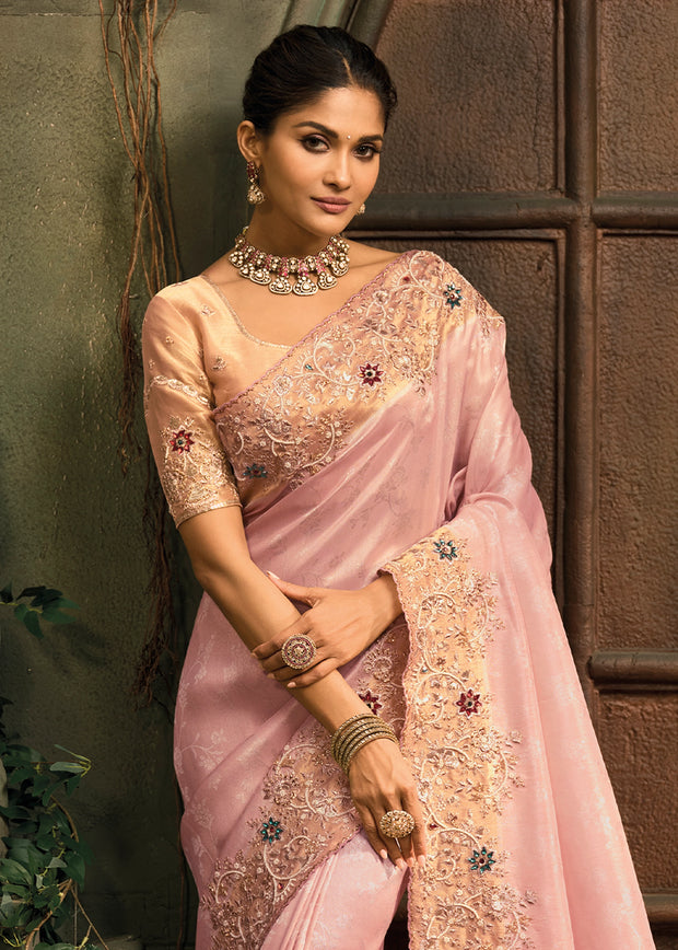 Baby Pink Designer Embroidered Silk Saree