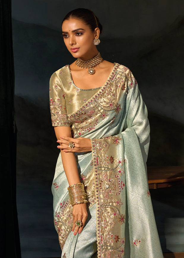 Mint Blue Embroidered Silk Saree