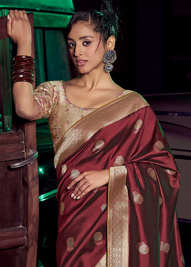 “Exclusive Offer” : Rich Maroon Woven Banarasi Silk Saree With Embroidered Blouse