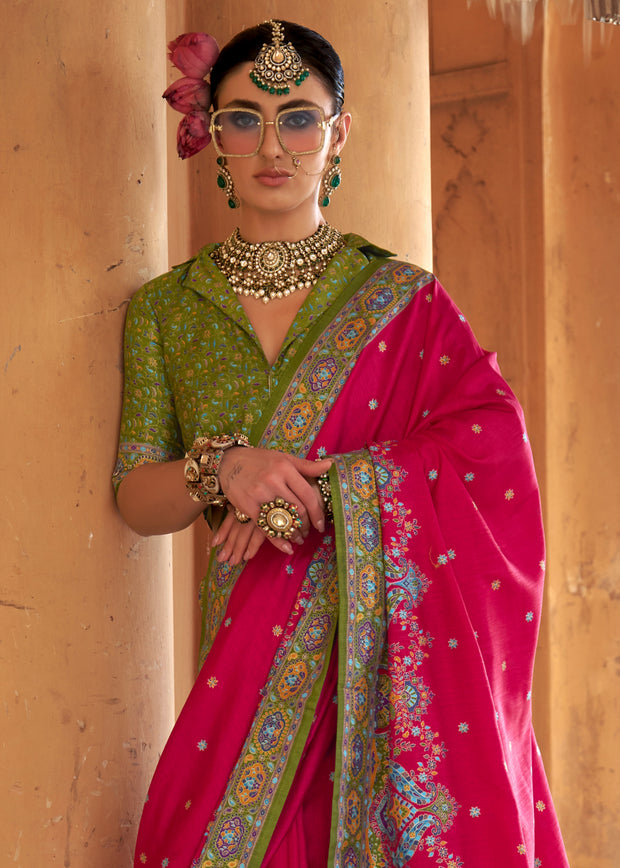 Princess Pink Printed Silk Saree With Contrast Blouse
