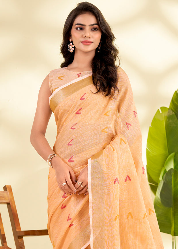 Delight Orange Woven Linen Silk Saree