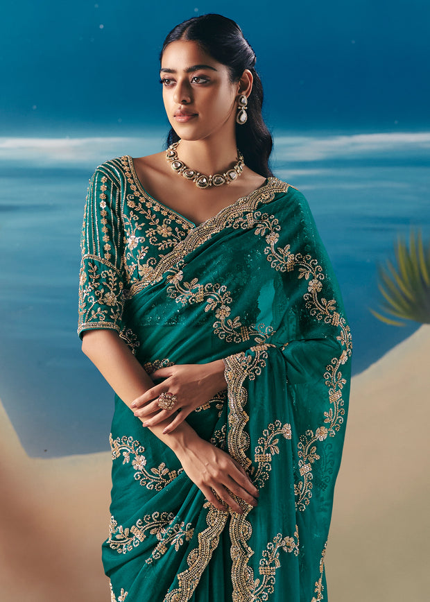 Emerald Green Satin Organza Embroidered Saree