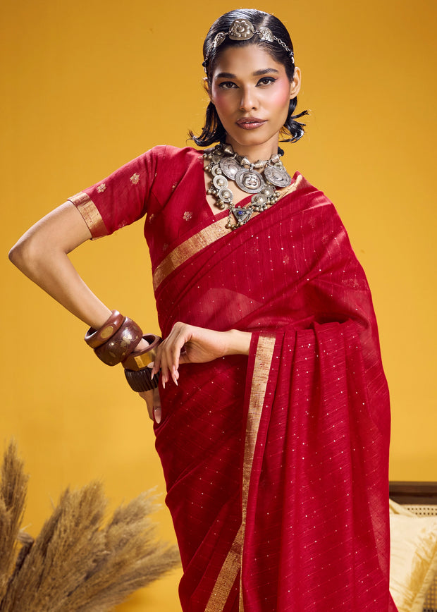Bridal Red Woven Cotton Silk Saree