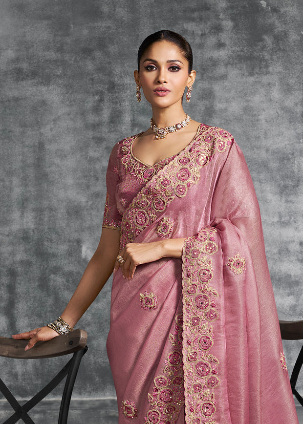 Rose Pink Embroidered Tissue Silk Saree