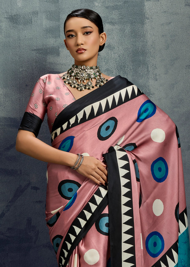 Peach Pink Printed Satin Silk Saree