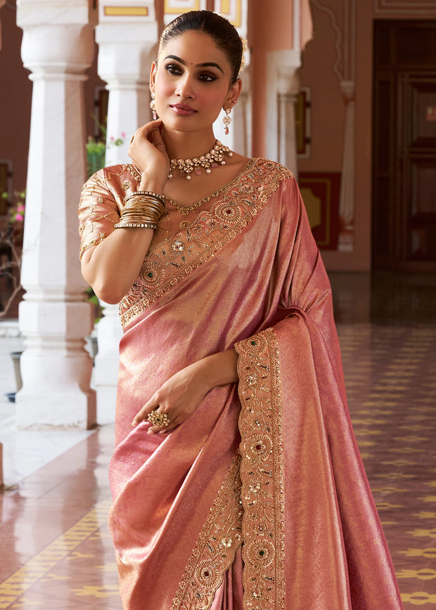 Pastel Peach Bead Work Kanjivaram Soft Silk Saree