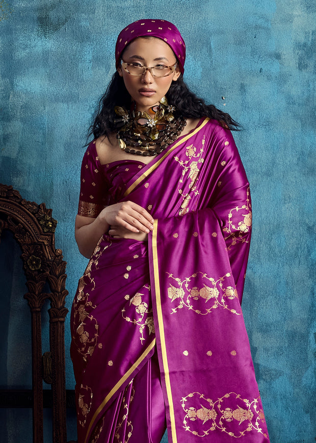 Magenta Purple Woven Banarasi Satin Silk Saree