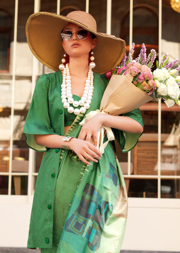 Leaf Green Digital Printed Soft Silk Saree