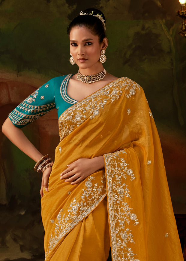 Mustard Yellow Embroidered Tissue Saree