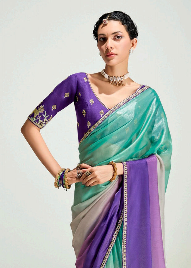 Bright Purple Ombre Tissue Designer Tissue Saree With Embroidered Blouse
