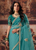 Sea Green Designer Organza Saree With Embroidered Blouse