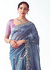 Federal Blue Embroidered Designer Tissue Saree