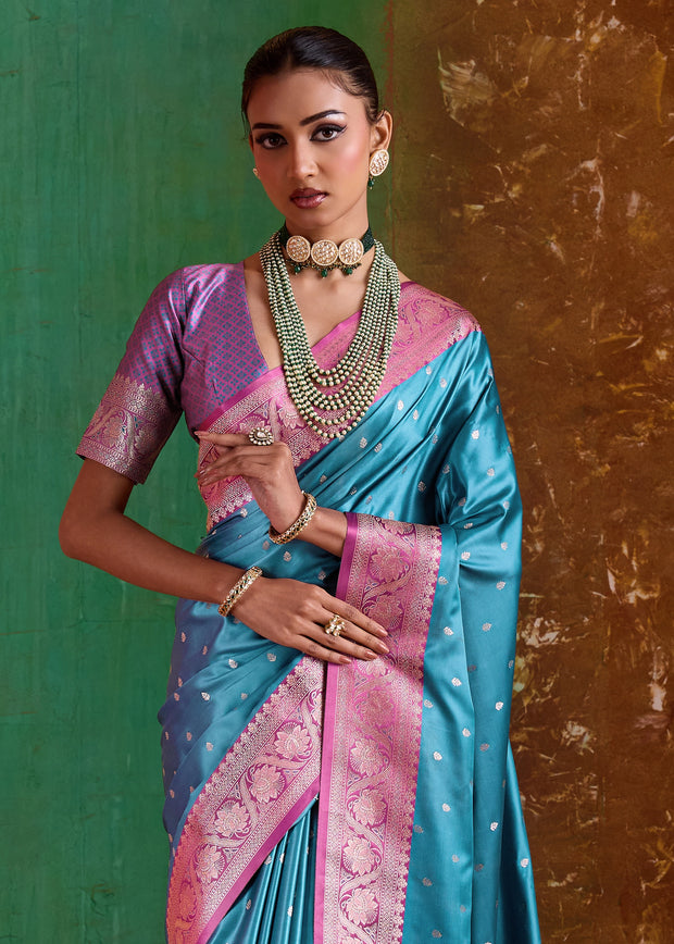 Vivid Blue Banarasi Satin Silk Saree