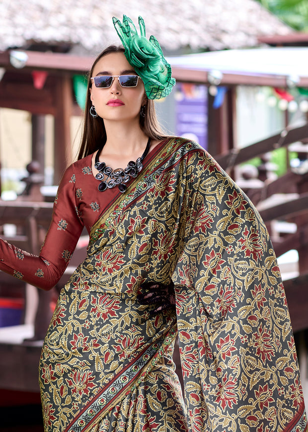 Drizzle Grey Satin Crepe Digital Printed Saga Saree With Contrast Blouse