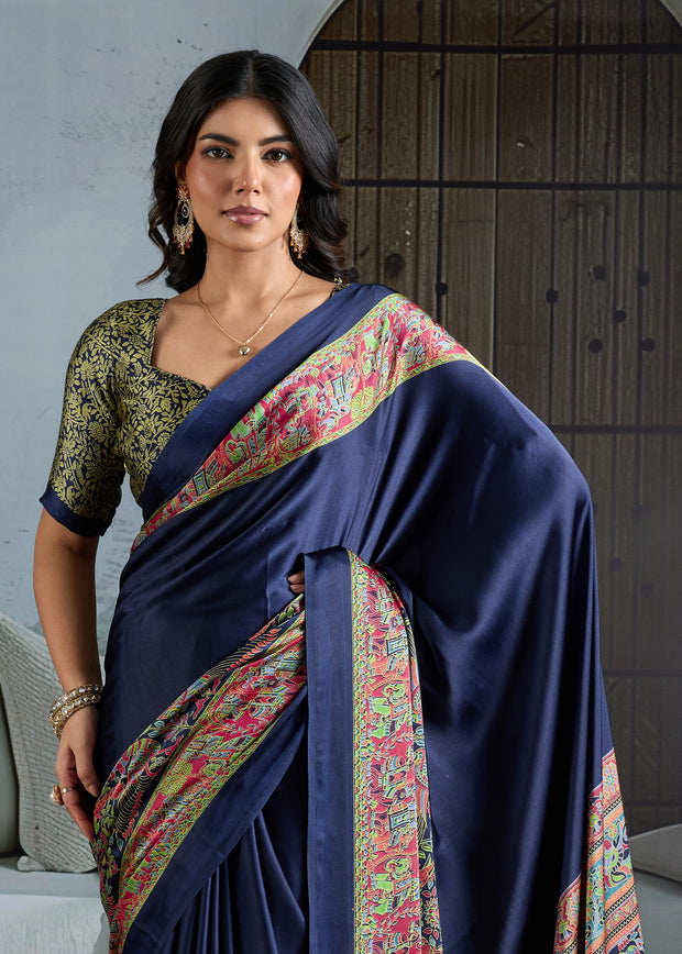 Patriot Blue Printed Satin Silk Saree