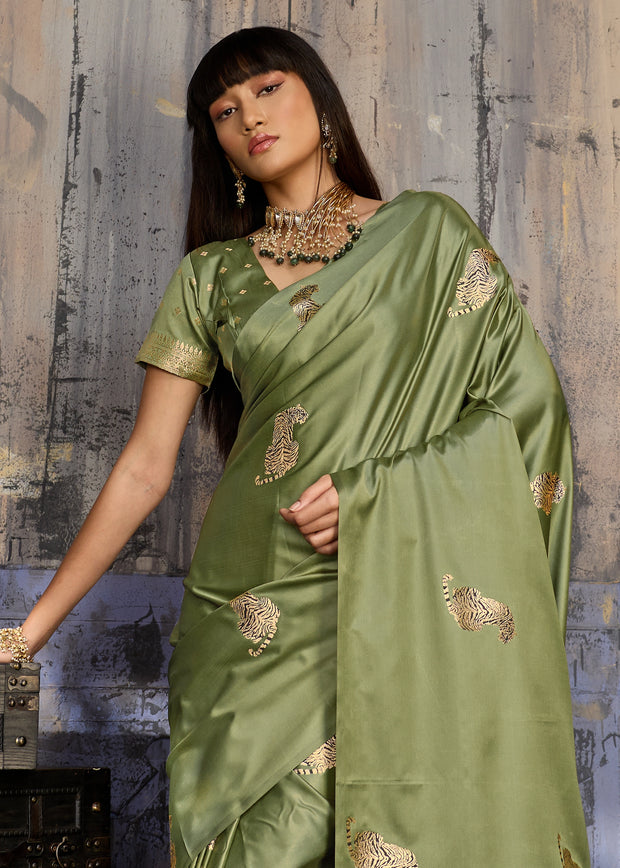 Olive Green Woven Banarasi Satin Silk Saree