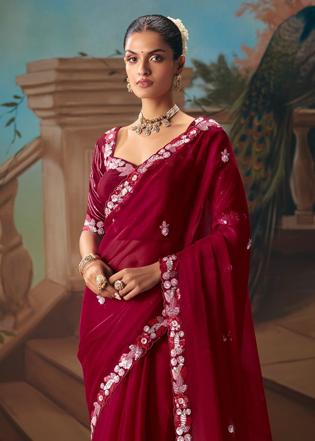 Maroon Embroidered Designer Saree