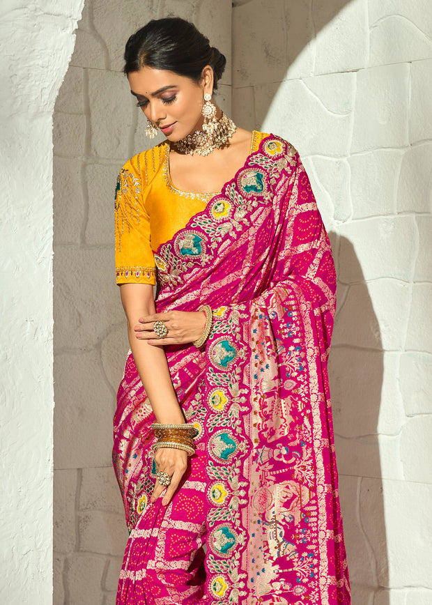 Magenta Pink Embroidered Georgette Bandhej Saree