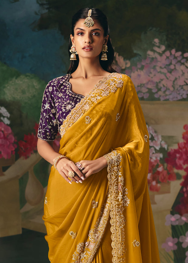 Mustard Yellow Embroidered Designer Saree