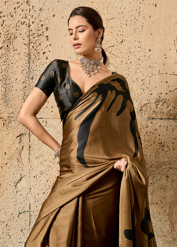 Cinnamon Brown Printed Satin Silk Saree
