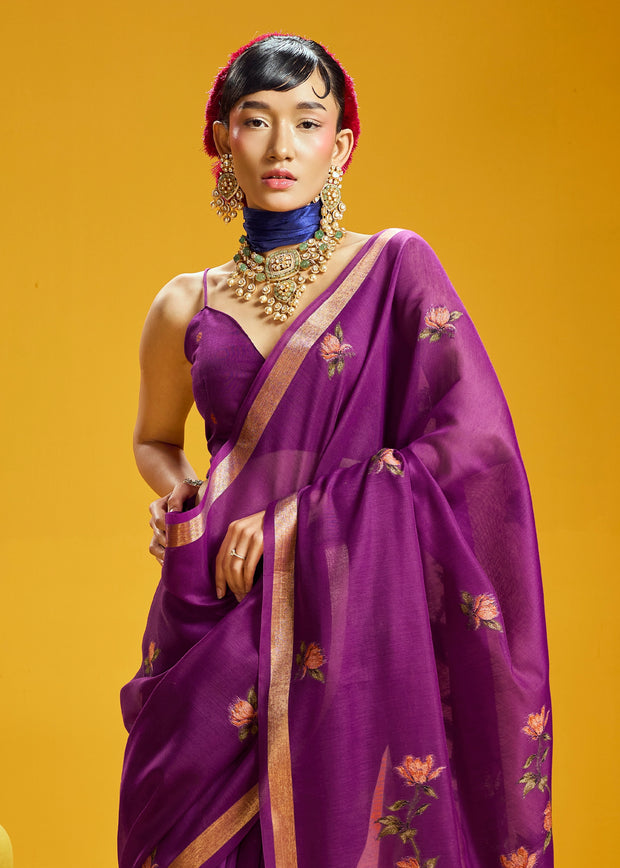 Magenta Purple Woven Munga Cotton Silk Saree