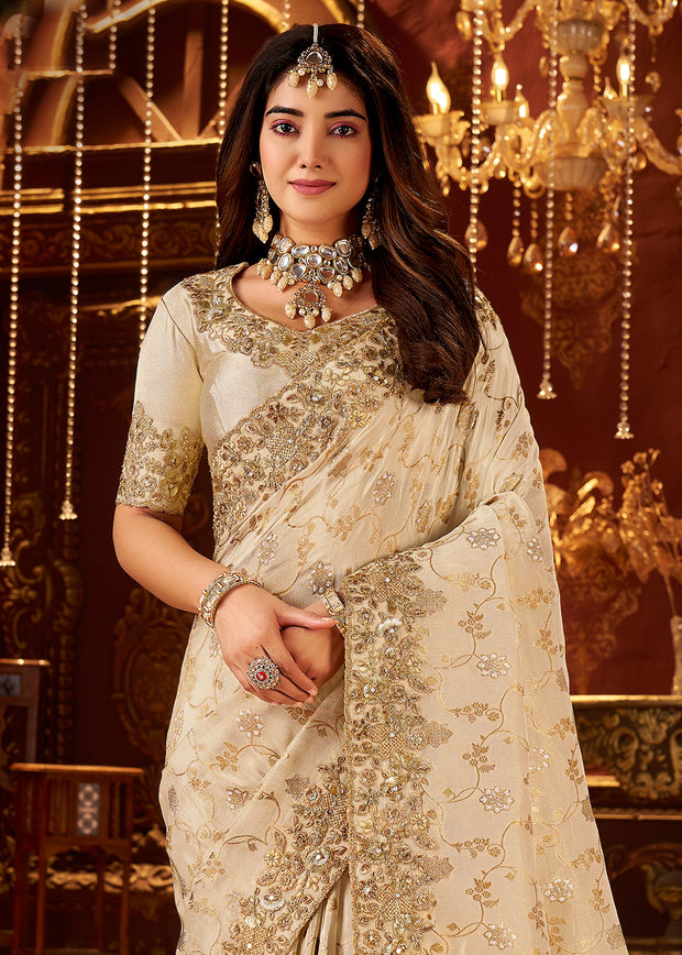 Off White Embroidered Tissue Designer Saree