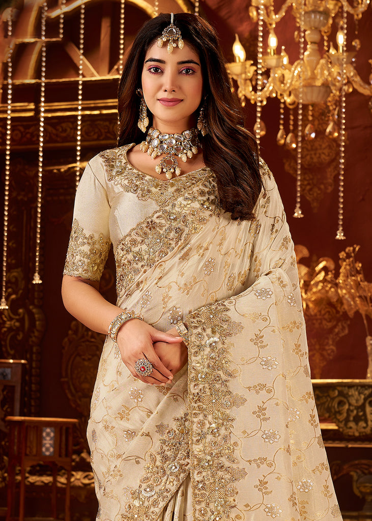 Off White Embroidered Tissue Designer Saree