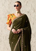 Olive Green Designer Organza Tissue Silk Saree With Printed Blouse