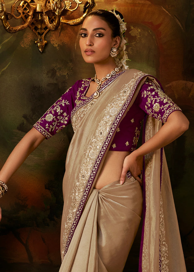 Champagne Beige Embroidered Tissue Saree