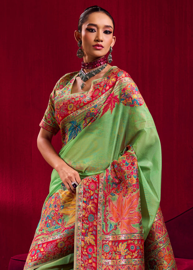 Jasmine Green Woven Cotton Kashmiri Jamewar Saree