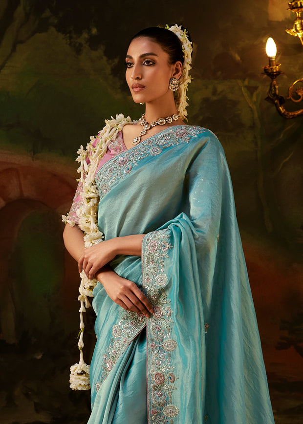 Powder Blue Embroidered Tissue Saree