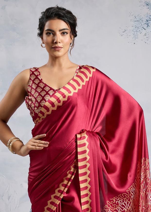 Persian Red Satin Silk Saree with Ajrakh Printed Pallu and Blouse